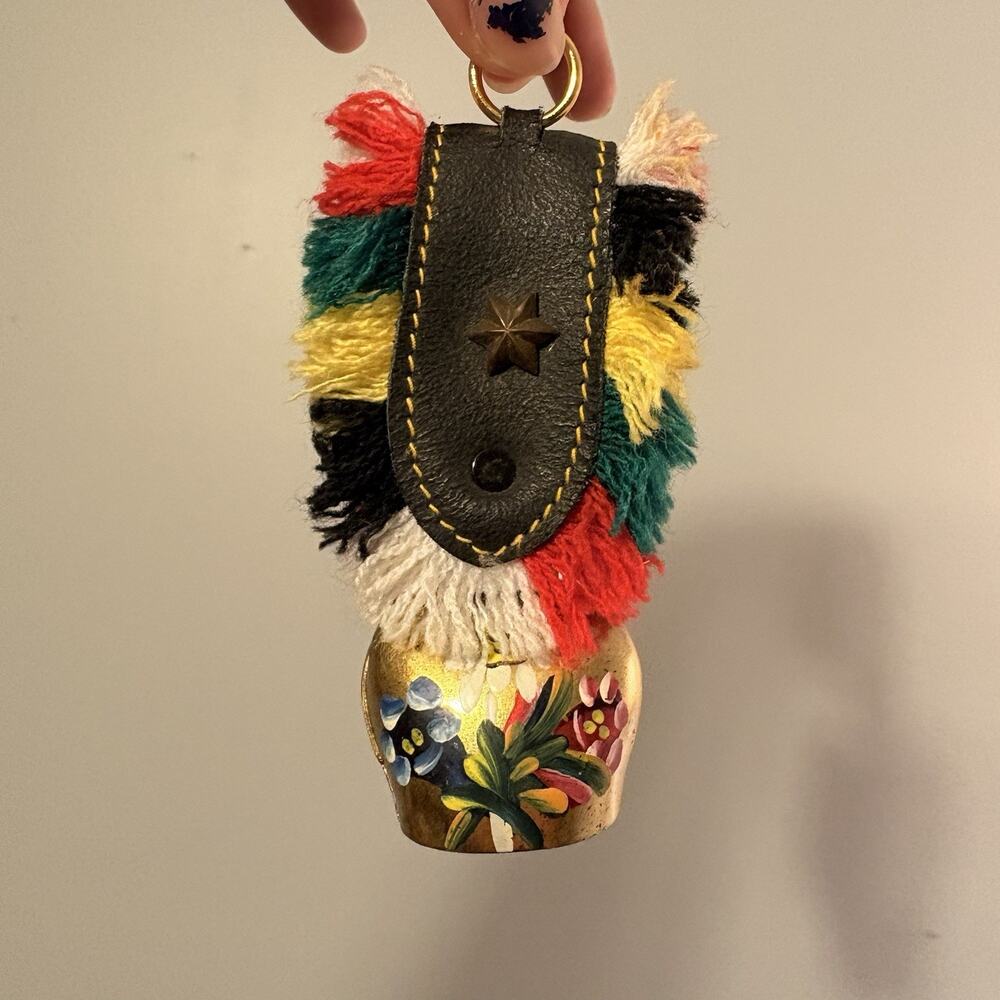 Vintage Swiss Cow Bell Hand Painted Floral Bern Switzerland Leather Strap 4”